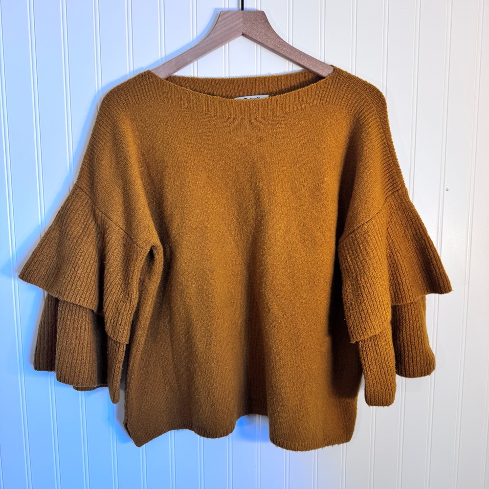 Madewell Golden Wool Boat Neck Tier-Sleeve Pullover Sweater Women’s Size Medium - Picture 3 of 11